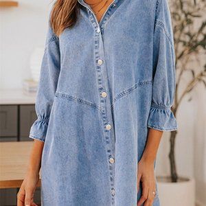 Sky Blue Buttoned Long Sleeve Denim Mini Dress - SMALL new with tags
